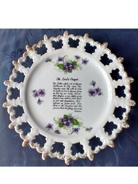 Wall Plate The Lord's Prayer Hanging Gold Trim Japan Pansy Scalloped VTG Deco